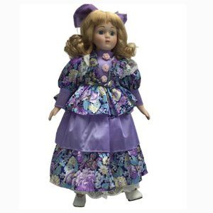 Porcelain Doll in Blue Violet Victorian Ruffle Floral Dress